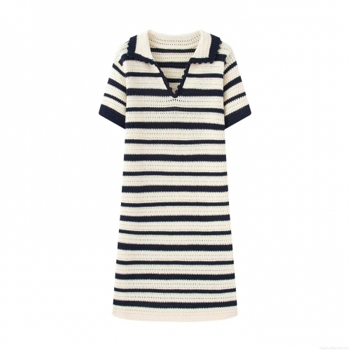 Women's Vintage Striped Knit Polo Mini Dress Short Sleeve Crochet V Neck Navy Blue Cream Contrast Bodycon Dress Elegant Summer Party Outfit