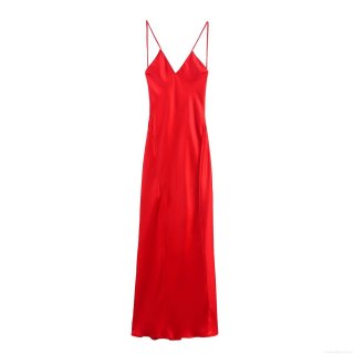 Women Sexy Backless Satin Maxi Dress V-Neck Spaghetti Strap Polyester Evening Party Long Dress Elegant Red Silk Texture Prom Gown