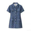 Women's Elegant Dark Blue Denim Style Mini Dress With Bowknot Print Rhinestone Buttons Short Sleeve Turn-down Collar Slim Fit Casual Party A-Line Dress