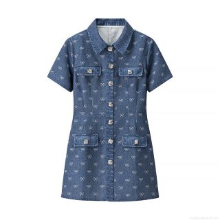 Women's Elegant Dark Blue Denim Style Mini Dress With Bowknot Print Rhinestone Buttons Short Sleeve Turn-down Collar Slim Fit Casual Party A-Line Dress
