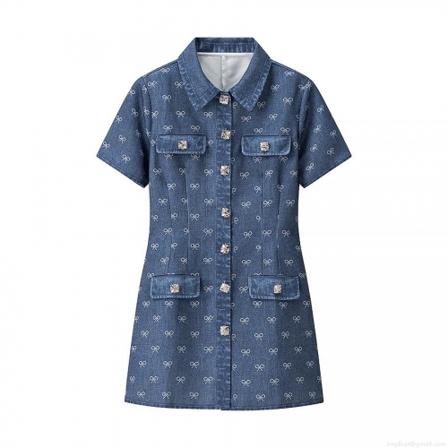 Women's Elegant Dark Blue Denim Style Mini Dress With Bowknot Print Rhinestone Buttons Short Sleeve Turn-down Collar Slim Fit Casual Party A-Line Dress