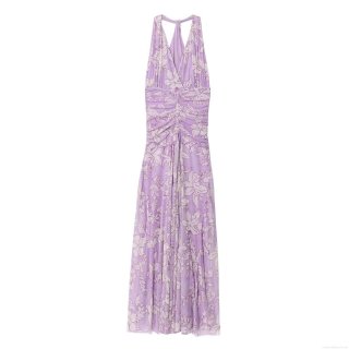 Women's Purple Floral Print Halter Maxi Dress Elegant V-Neck Mesh Ruched Waist Sleeveless Long Dress For Summer Party Vacation