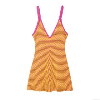 Women Sexy Crochet Mini Dress V-Neck Backless Striped Knitted Sundress For Summer Beach Vacation Party Bodycon Sleeveless A-Line Polyester Dress