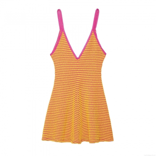 Women Sexy Crochet Mini Dress V-Neck Backless Striped Knitted Sundress For Summer Beach Vacation Party Bodycon Sleeveless A-Line Polyester Dress