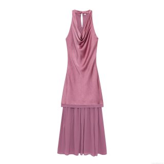 Elegant Cowl Neck Halter Backless Maxi Dress For Women Satin And Chiffon Spliced Formal Evening Party Long Gown Dusty Rose Wedding Guest Dress