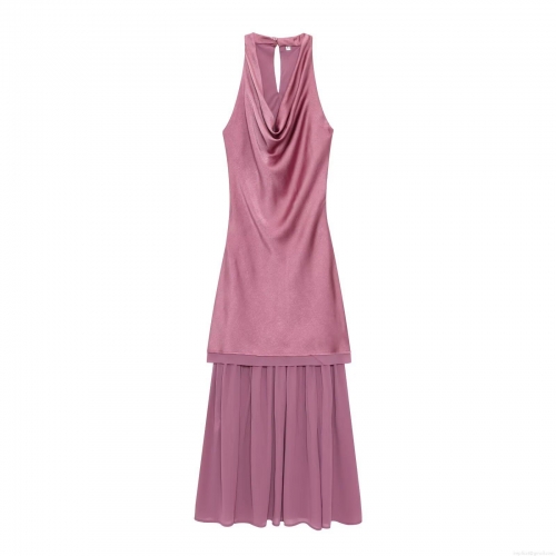 Elegant Cowl Neck Halter Backless Maxi Dress For Women Satin And Chiffon Spliced Formal Evening Party Long Gown Dusty Rose Wedding Guest Dress