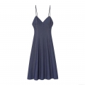 Women's Elegant V-Neck Spaghetti Strap Midi Dress Casual Denim-Look Polyester Fabric Contrast Stitching A-Line Slim Fit Summer Holiday Party Dress
