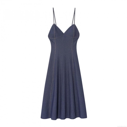 Women's Elegant V-Neck Spaghetti Strap Midi Dress Casual Denim-Look Polyester Fabric Contrast Stitching A-Line Slim Fit Summer Holiday Party Dress