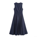 Women's Elegant Deep Blue Denim Maxi Dress Sleeveless Round Neck A-Line Solid Color Long Dress For Casual Party Vacation Ladies Polyester Gown
