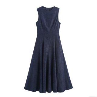Women's Elegant Deep Blue Denim Maxi Dress Sleeveless Round Neck A-Line Solid Color Long Dress For Casual Party Vacation Ladies Polyester Gown
