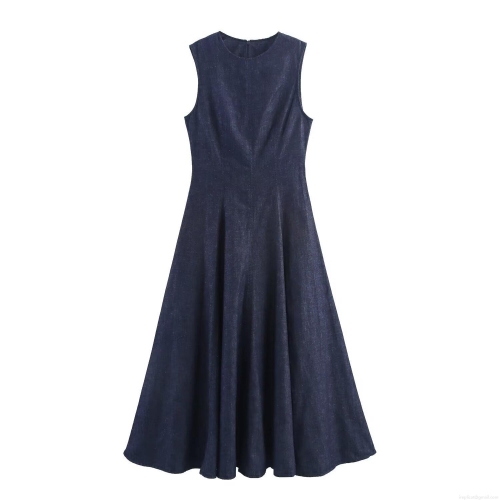 Women's Elegant Deep Blue Denim Maxi Dress Sleeveless Round Neck A-Line Solid Color Long Dress For Casual Party Vacation Ladies Polyester Gown