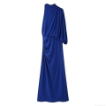 Elegant Royal Blue One Shoulder Pleated Maxi Dress For Women Asymmetric Sleeveless Polyester Chic Evening Party Wedding Banquet Slim Fit Long Gown