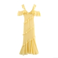 Women's V Neck Cold Shoulder Ruffle Maxi Dress Chiffon Layered Elegant Party Gown Short Sleeve Summer Sundress Fashion Casual Yellow Long Dress for Women