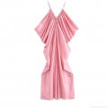 Women's Sexy Backless Satin Maxi Dress Elegant V Neck Pleated Camisole Evening Party Prom Long Gown Celebrity Style Pink Slip Dress