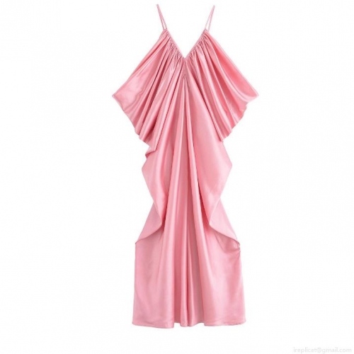 Women's Sexy Backless Satin Maxi Dress Elegant V Neck Pleated Camisole Evening Party Prom Long Gown Celebrity Style Pink Slip Dress