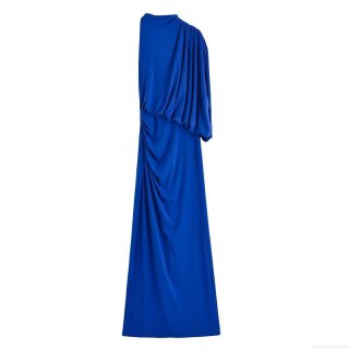 Women Sexy One Shoulder Pleated Maxi Dress Elegant Ruched Layered Evening Party Cocktail Wedding Guest Gown Solid Color Polyester Long Dress