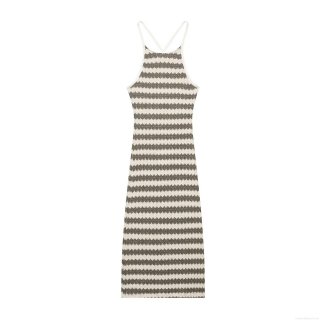 Women's Elegant Striped Halter Backless Knit Maxi Dress with Gold Metallic Wire Chic Back Cross Lace-up Slim Fit Party Vacation Sleeveless Dress