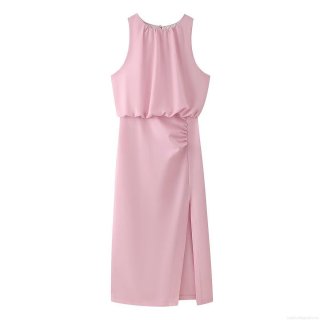Women Elegant Pink Sleeveless Round Neck Ruched Midi Dress Solid Color Side Slit Waist Pleated Casual Evening Party Summer Dress For Women Fashion