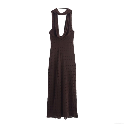 Women Sexy Polka Dot Halter Backless Maxi Dress With Scarf Chiffon Polyester Elegant Resort Vacation Party Long Dress For Women