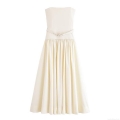 Elegant Strapless Pleated Midi Dress With Belt For Women Sexy Off-White Polyester Tube Top Party Evening Dress