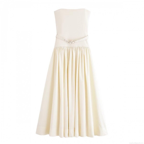 Elegant Strapless Pleated Midi Dress With Belt For Women Sexy Off-White Polyester Tube Top Party Evening Dress