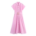Women's Pink Poplin Midi Shirt Dress With Belt Elegant Short Sleeve Pleated Design Button Down Summer Casual Office Lady Party Dress