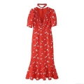 Women Red Floral Print V-Neck Maxi Dress Short Puff Sleeve Fishtail Hem Slim Fit Elegant Polyester Party Long Dress