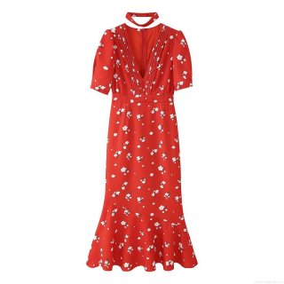 Women Red Floral Print V-Neck Maxi Dress Short Puff Sleeve Fishtail Hem Slim Fit Elegant Polyester Party Long Dress