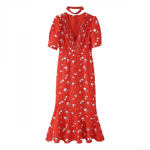 Women Red Floral Print V-Neck Maxi Dress Short Puff Sleeve Fishtail Hem Slim Fit Elegant Polyester Party Long Dress