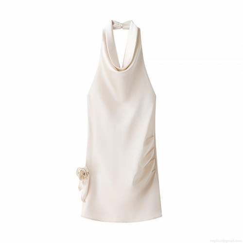 Elegant Women Satin Halter Midi Dress Sexy V Neck 3D Flower Decoration Sleeveless Backless Party Dress Solid Champagne Polyester Evening Dress