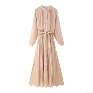 Women's Elegant Chiffon Pleated Maxi Dress With Waist Belt Solid Color Long Sleeve Round Neck Slim Fit Formal Party Evening Cocktail Dress For Ladies