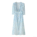 Elegant Light Blue Floral Print Maxi Dress For Women V-Neck Puff Seven-Point Sleeve Polyester Dress With Pearl Buttons Lady Style Party Vacation Dress