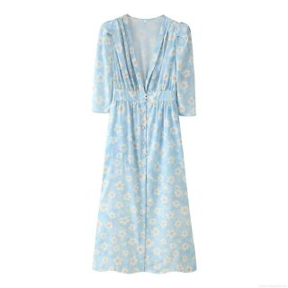 Elegant Light Blue Floral Print Maxi Dress For Women V-Neck Puff Seven-Point Sleeve Polyester Dress With Pearl Buttons Lady Style Party Vacation Dress