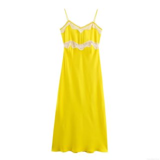 Women's Elegant Yellow Satin Midi Dress White Lace Trim Spaghetti Strap V-Neck Patchwork Sleeveless Summer Party Club Dress For Ladies