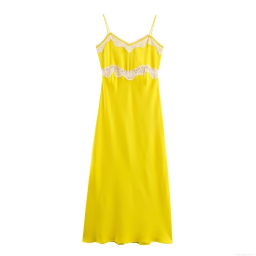 Women's Elegant Yellow Satin Midi Dress White Lace Trim Spaghetti Strap V-Neck Patchwork Sleeveless Summer Party Club Dress For Ladies