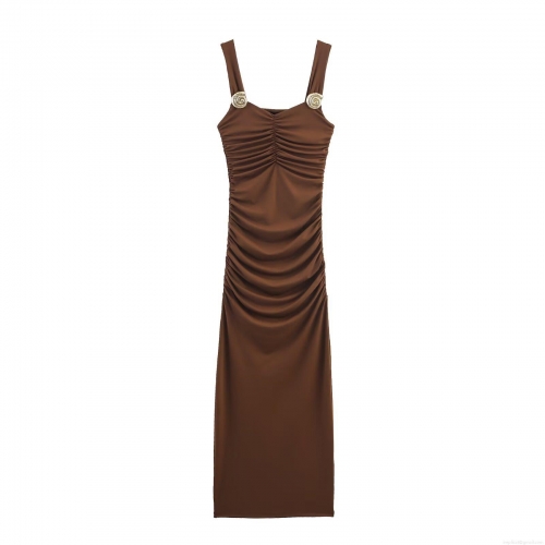 Women Elegant Ruched Maxi Dress Polyester Slim Fit Sling Long Dress With Metallic Shell Decor For Party Vacation Evening Dress