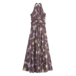 Women's Elegant Halter Neck Maxi Dress Floral Printed Cutout Mesh Sleeveless Backless Long Dress For Party Vacation Summer Spring