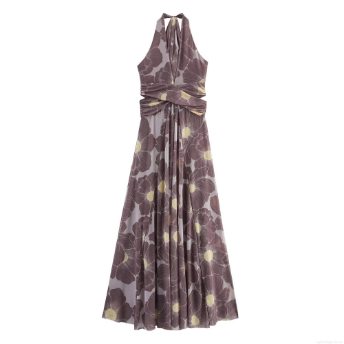 Women's Elegant Halter Neck Maxi Dress Floral Printed Cutout Mesh Sleeveless Backless Long Dress For Party Vacation Summer Spring