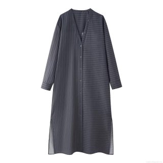Women's Elegant Striped Shirt Dress V Neck Long Sleeve Single Breasted Maxi Dress With Side Slits Casual Woven Polyester Long Dress For Women
