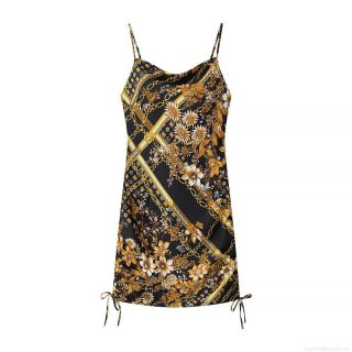 Women's Baroque Chain Floral Print Satin Cami Midi Dress Sexy Sleeveless Drawstring Ruched Slim Fit Elegant Party Clubwear Dress