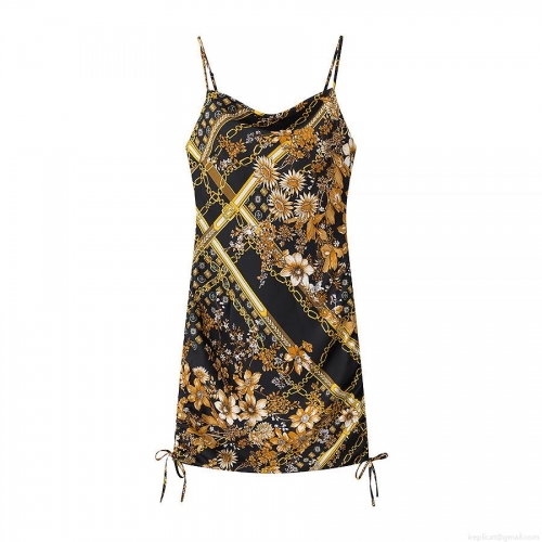 Women's Baroque Chain Floral Print Satin Cami Midi Dress Sexy Sleeveless Drawstring Ruched Slim Fit Elegant Party Clubwear Dress