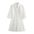 Elegant White Mini Shirt Dress Short Sleeve Pleated Hem Button Front Lapel Collar Polyester Blend Casual Fashion A-Line Dress for Women