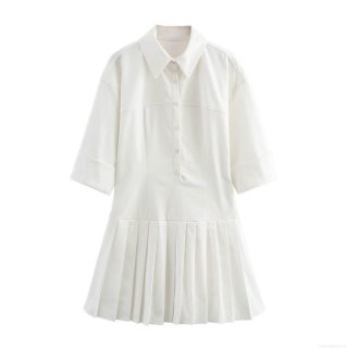 Elegant White Mini Shirt Dress Short Sleeve Pleated Hem Button Front Lapel Collar Polyester Blend Casual Fashion A-Line Dress for Women