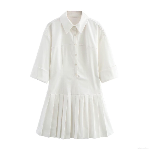 Elegant White Mini Shirt Dress Short Sleeve Pleated Hem Button Front Lapel Collar Polyester Blend Casual Fashion A-Line Dress for Women