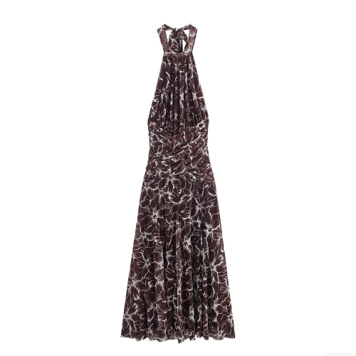 Elegant Halter Neck Floral Print Mesh Maxi Dress For Women Sleeveless Backless Pleated Long A-Line Vacation Party Dress Brown White Flower Print Polyester Mesh Gown