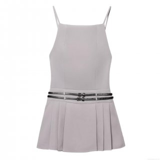Women's Sexy Backless Pleated Mini Dress Elegant Grey V-Neck Camisole Party Dress With Double Black Leather Belt Decoration