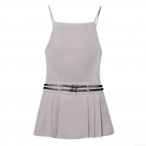 Women's Sexy Backless Pleated Mini Dress Elegant Grey V-Neck Camisole Party Dress With Double Black Leather Belt Decoration