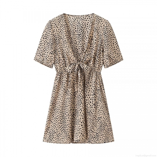 Women's Sexy V-Neck Leopard Print Flutter Sleeve Mini Dress Elegant Tie Waist A-Line Party Summer Sundress Lightweight Breathable Fashionable Ladies Clothing