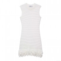 Women Elegant White Ribbed Knit Sleeveless Mini Dress With Tassel Fringe Hem Round Neck Polyester Bodycon Dress For Party Vacation