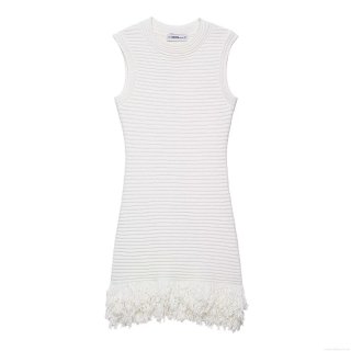 Women Elegant White Ribbed Knit Sleeveless Mini Dress With Tassel Fringe Hem Round Neck Polyester Bodycon Dress For Party Vacation